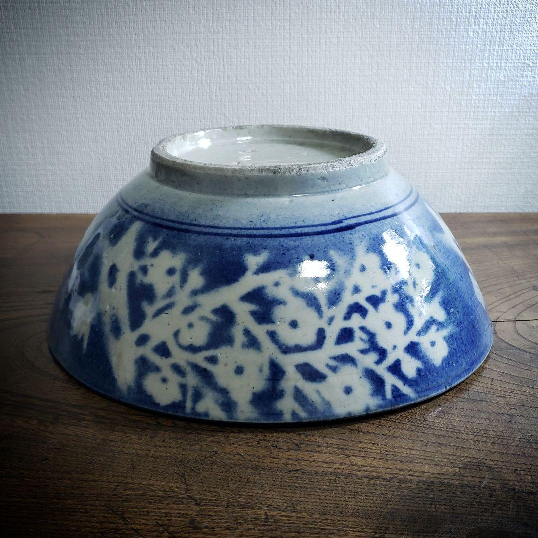 中国　鉢　青花染付梅図碗　清朝期　梅　染付　吹き付け　吹墨　丼