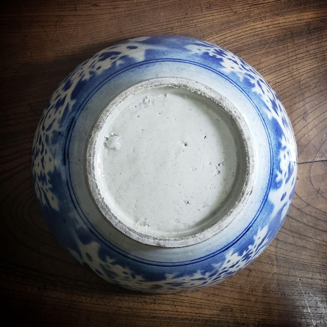 中国　鉢　青花染付梅図碗　清朝期　梅　染付　吹き付け　吹墨　丼