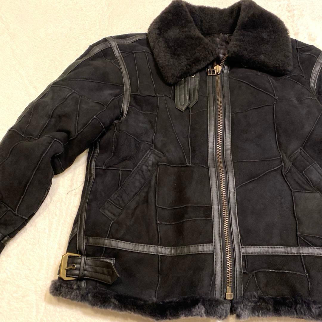 ムートンジャケット ブラック パッチワーク 羊革 B-3タイプ 韓国製 メンズM