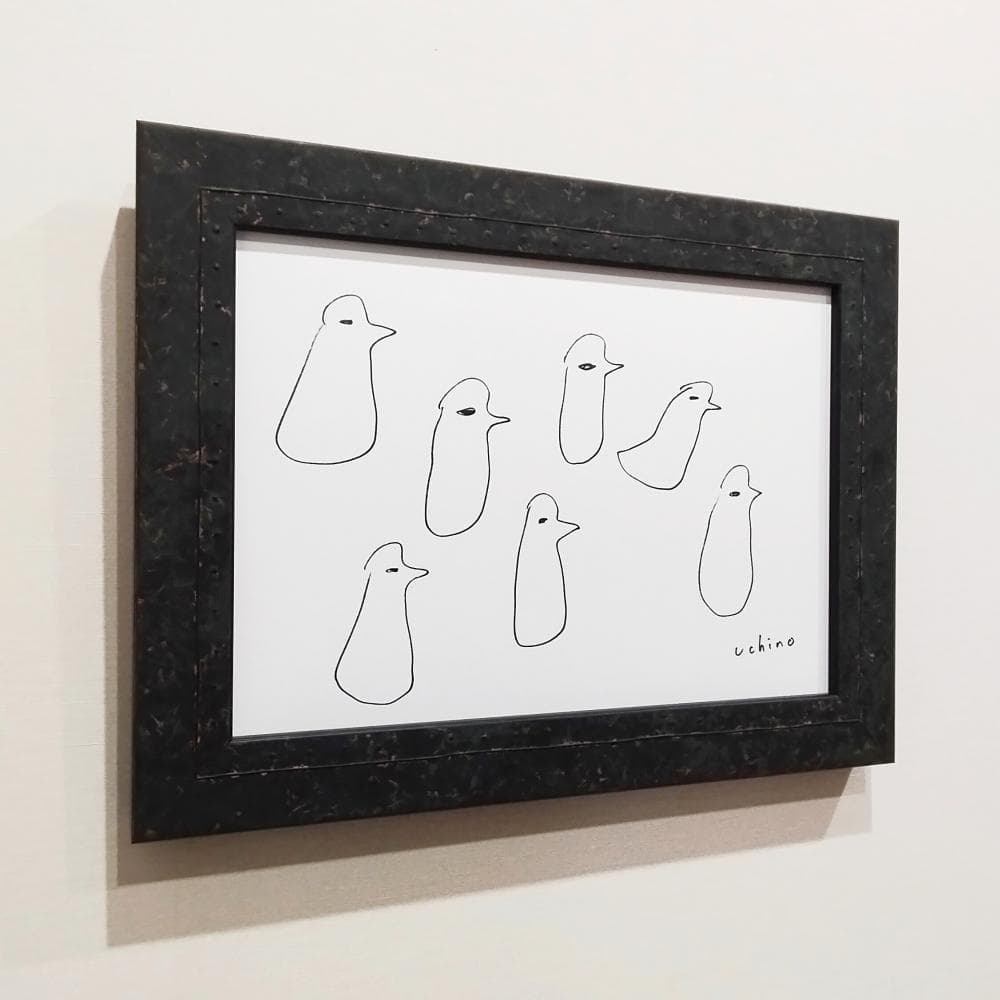 内野隆文　とりのマーチ　鳥　ドローイング　イラスト　絵画　現代美術　額縁　真作