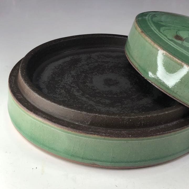 中島正雄 青磁 牡丹文 陶硯 香合