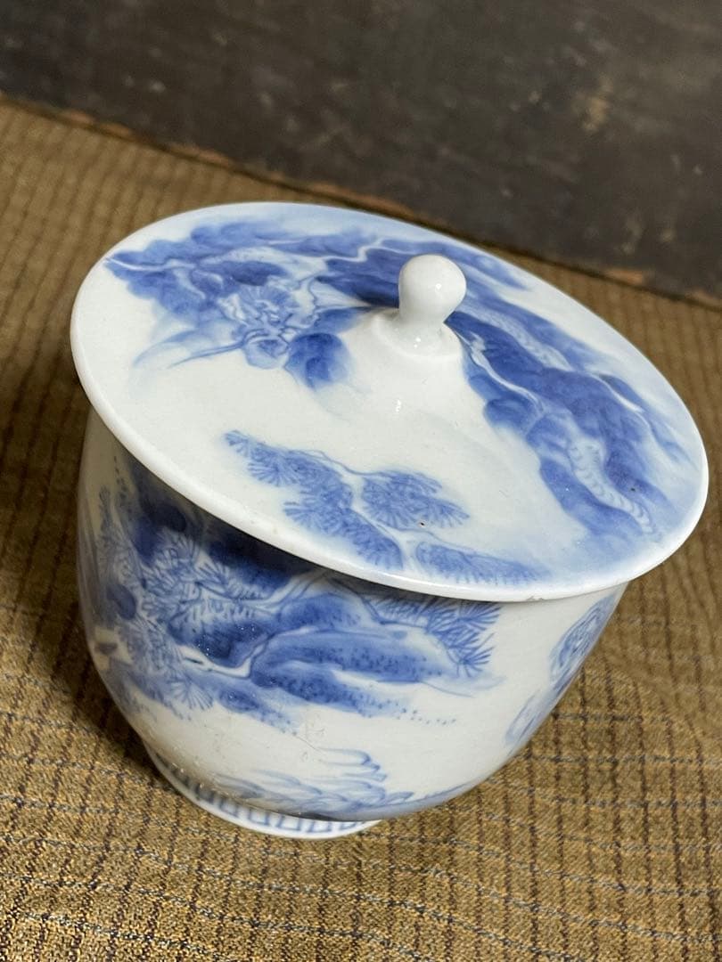 古平戸焼 染付 松竹に龍虎の図 蓋付湯呑 み茶碗 茶道具 江戸時代