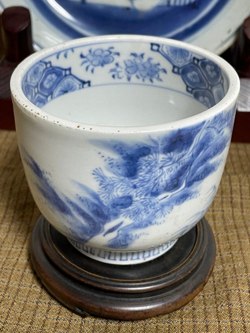 古平戸焼 染付 松竹に龍虎の図 蓋付湯呑 み茶碗 茶道具 江戸時代