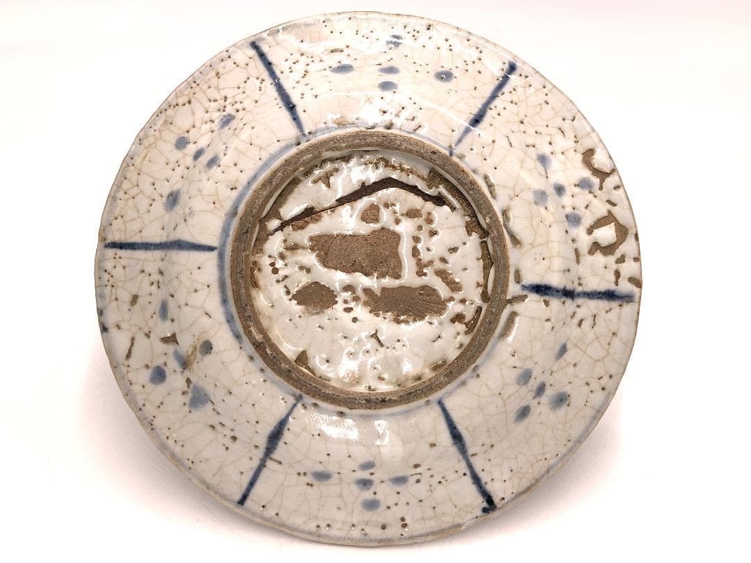 【 明朝青花小皿 】　芙蓉手鹿図　窯疵虫食い景色