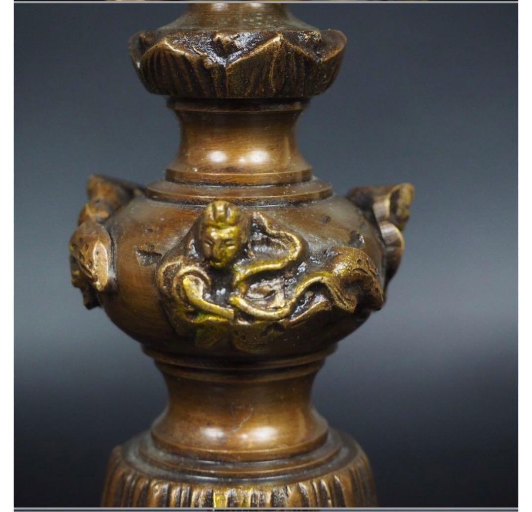 送料無料 時代物　『栄翠』造　銅製燭台一対　高さ27.5ｃｍ　仏教美術