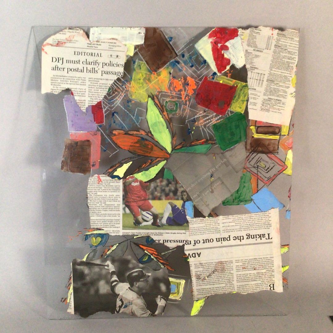 No3716 ガラス絵　荒木敬　「楽描 Ⅱ」紙箱付　コラージュ　抽象画　送料無料