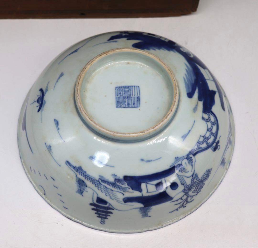 中国　清朝期　大清乾隆年製　染付内鶴紋&外山水紋お碗　共箱　送料込み0805