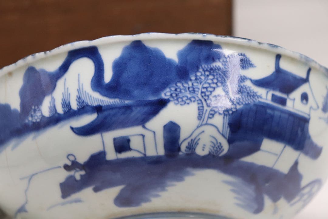 中国　清朝期　大清乾隆年製　染付内鶴紋&外山水紋お碗　共箱　送料込み0805