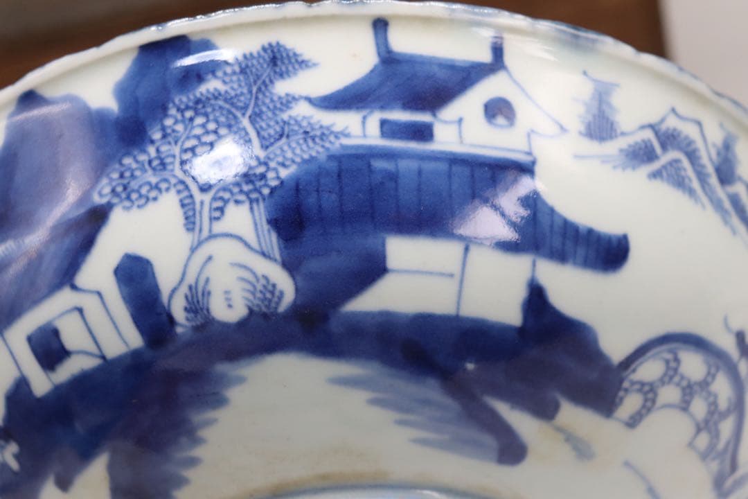 中国　清朝期　大清乾隆年製　染付内鶴紋&外山水紋お碗　共箱　送料込み0805