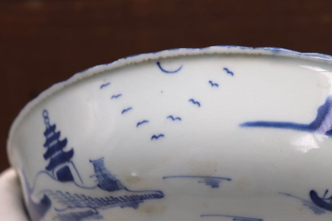 中国　清朝期　大清乾隆年製　染付内鶴紋&外山水紋お碗　共箱　送料込み0805