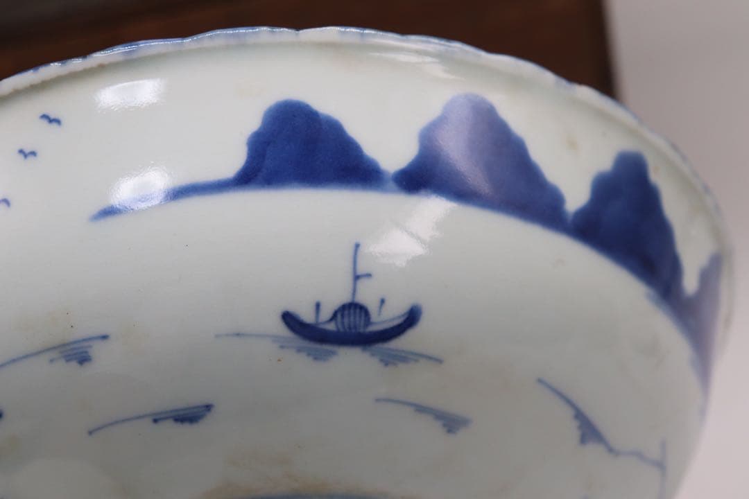 中国　清朝期　大清乾隆年製　染付内鶴紋&外山水紋お碗　共箱　送料込み0805