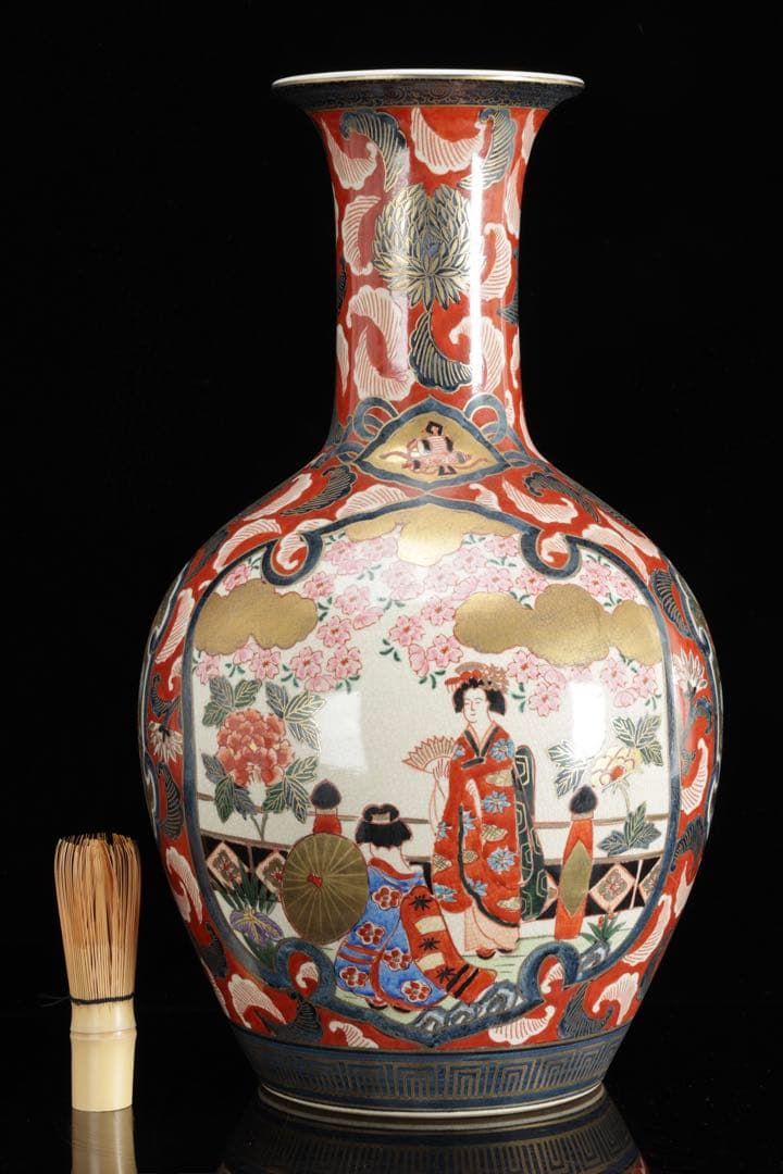 伊万里焼 大型花瓶 飾壺 45.5㎝ 赤絵金彩 美人花車図 伊萬里 古美術 骨董
