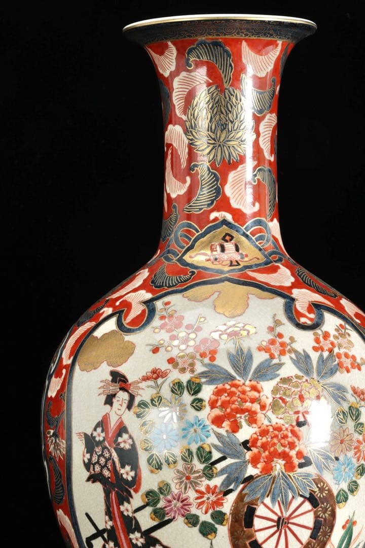 伊万里焼 大型花瓶 飾壺 45.5㎝ 赤絵金彩 美人花車図 伊萬里 古美術 骨董