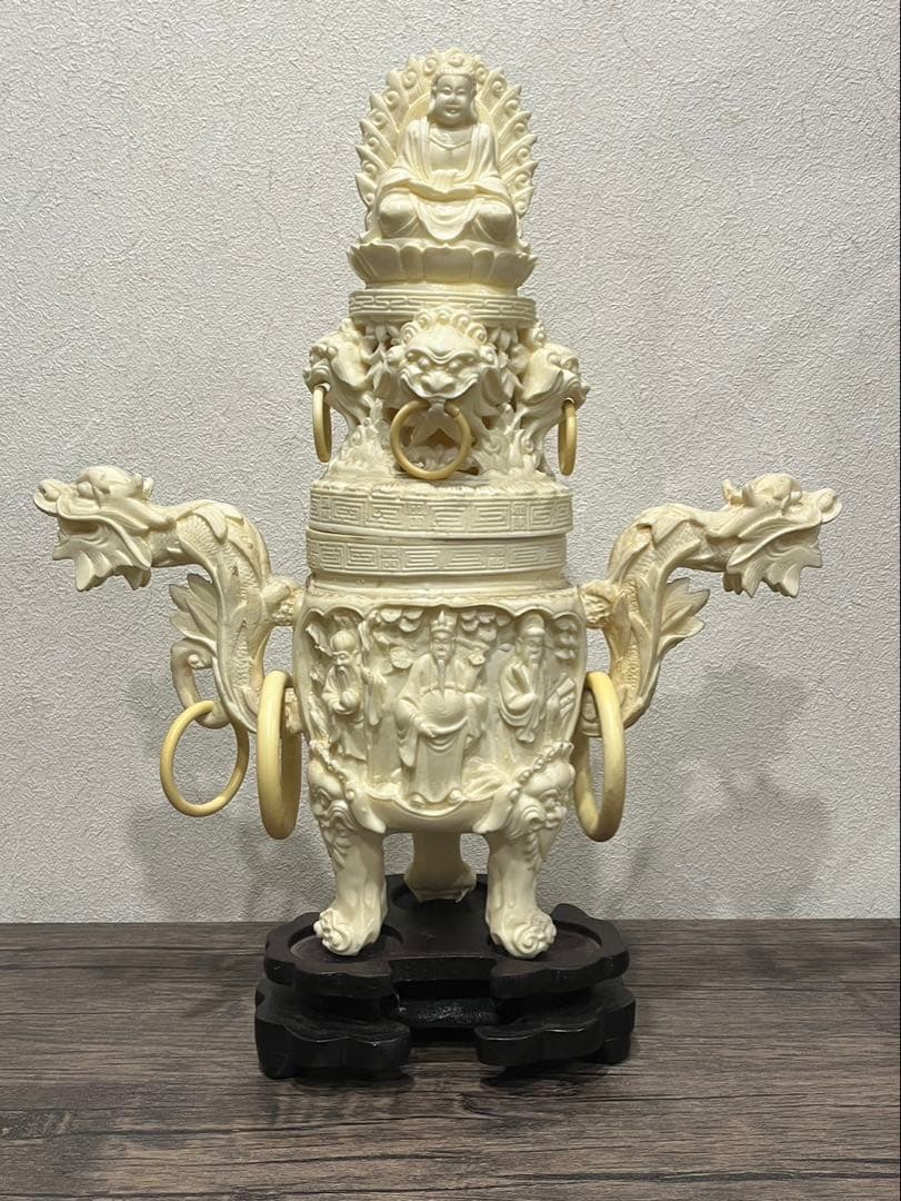 【送料込み】中国骨董　唐木台付き　彫刻　置物　象 大型香炉 手彫工芸品 三鼎型