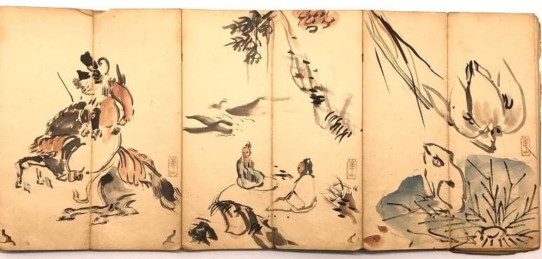 【 渡辺崋山 画帖 】　江戸時代　肉筆手控帖　七福神・鍾馗・花鳥・山水ほか