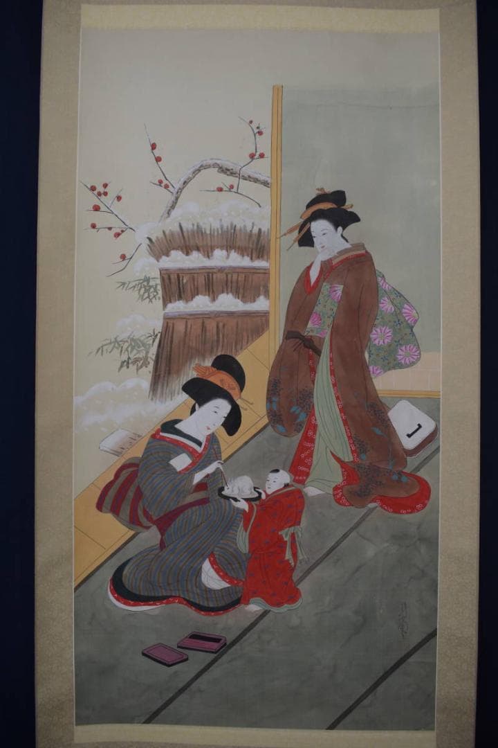 作者不詳/浮世絵/美人画/雪遊び/掛軸☆宝船☆Y-813　JM