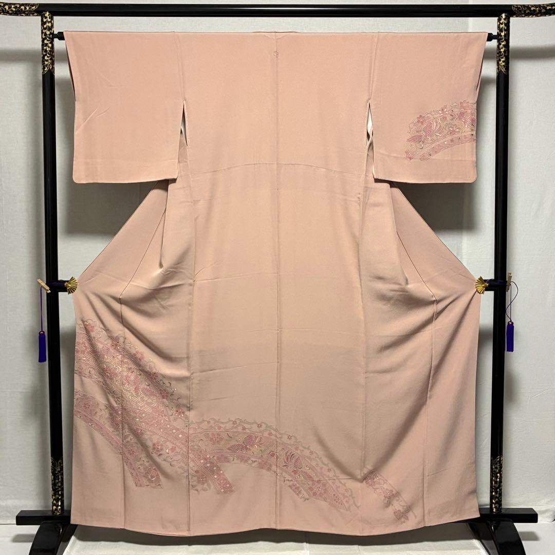 D49 訪問着 総刺繍 汕頭・蘇州 一つ紋 正絹 着物 袷 極美品