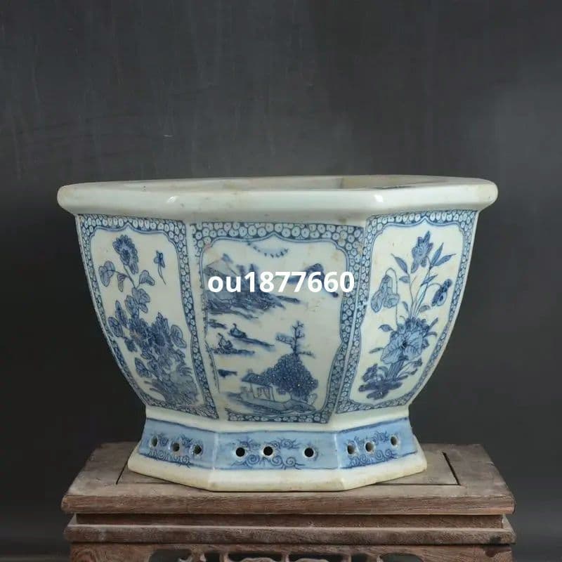 八方青花亭台楼高足鉢 盆栽鉢 植木鉢 多肉植物鉢 小品盆栽鉢 山野草鉢