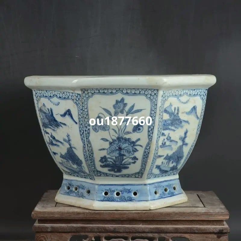 八方青花亭台楼高足鉢 盆栽鉢 植木鉢 多肉植物鉢 小品盆栽鉢 山野草鉢