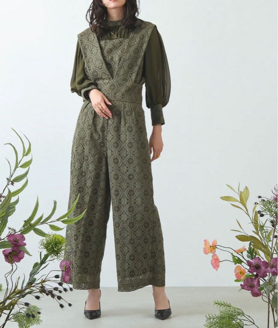 幾何学柄 レース セットアップ パンツ パーティードレス