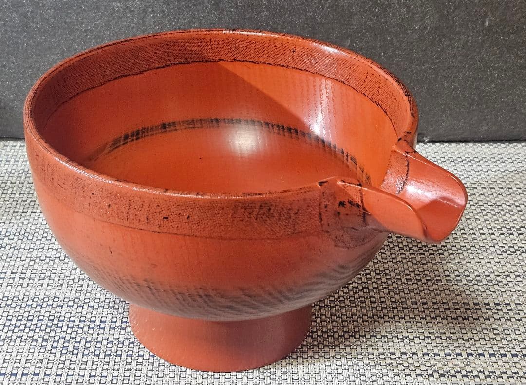 天然木　くり貫き造　朱漆塗　根来仕上　口縁布張　片口椀　酒次　酒器　未使用品！