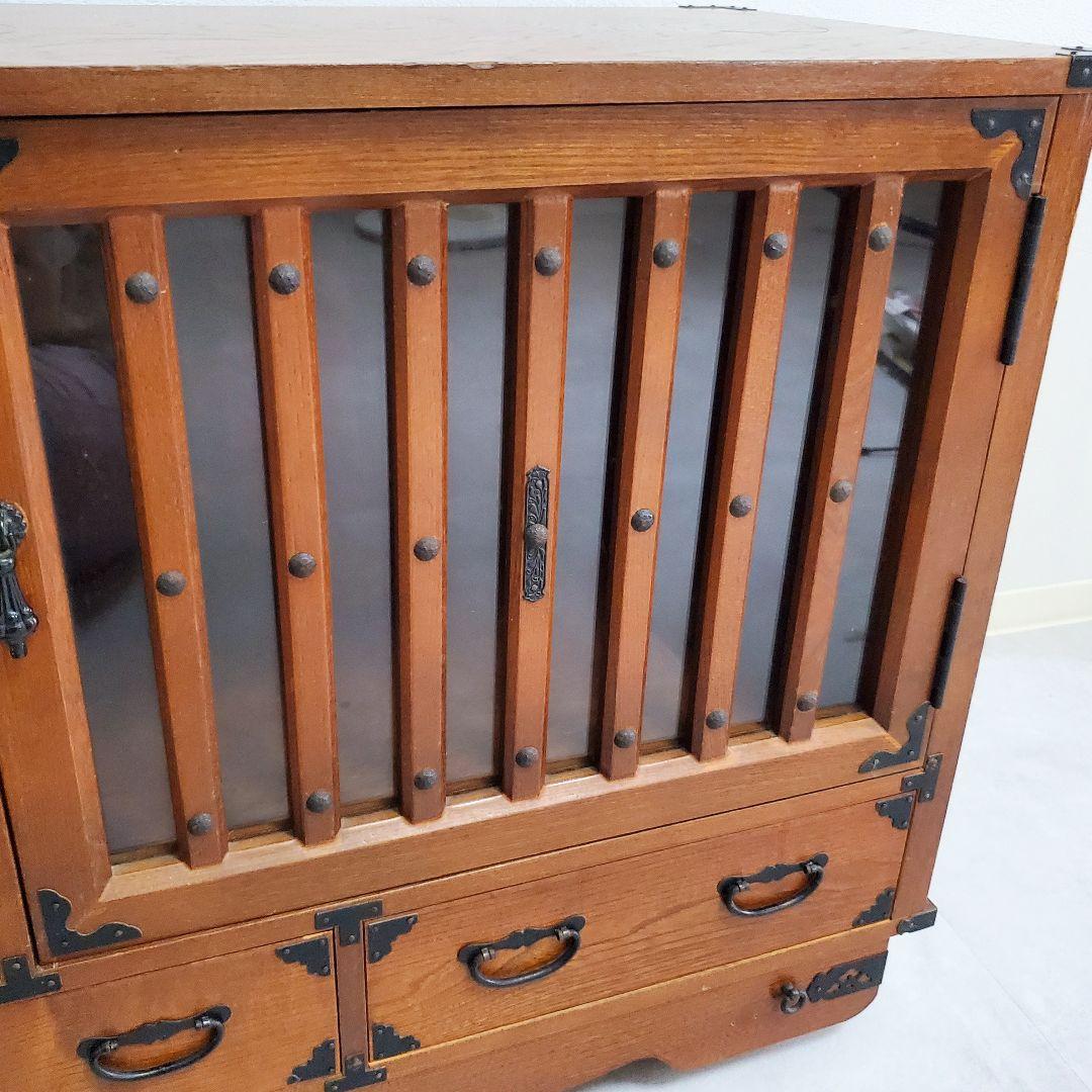 希少★欅 車箪笥 茶棚 茶箪笥 和箪笥 古家具 小引き出し ガラス扉 車輪