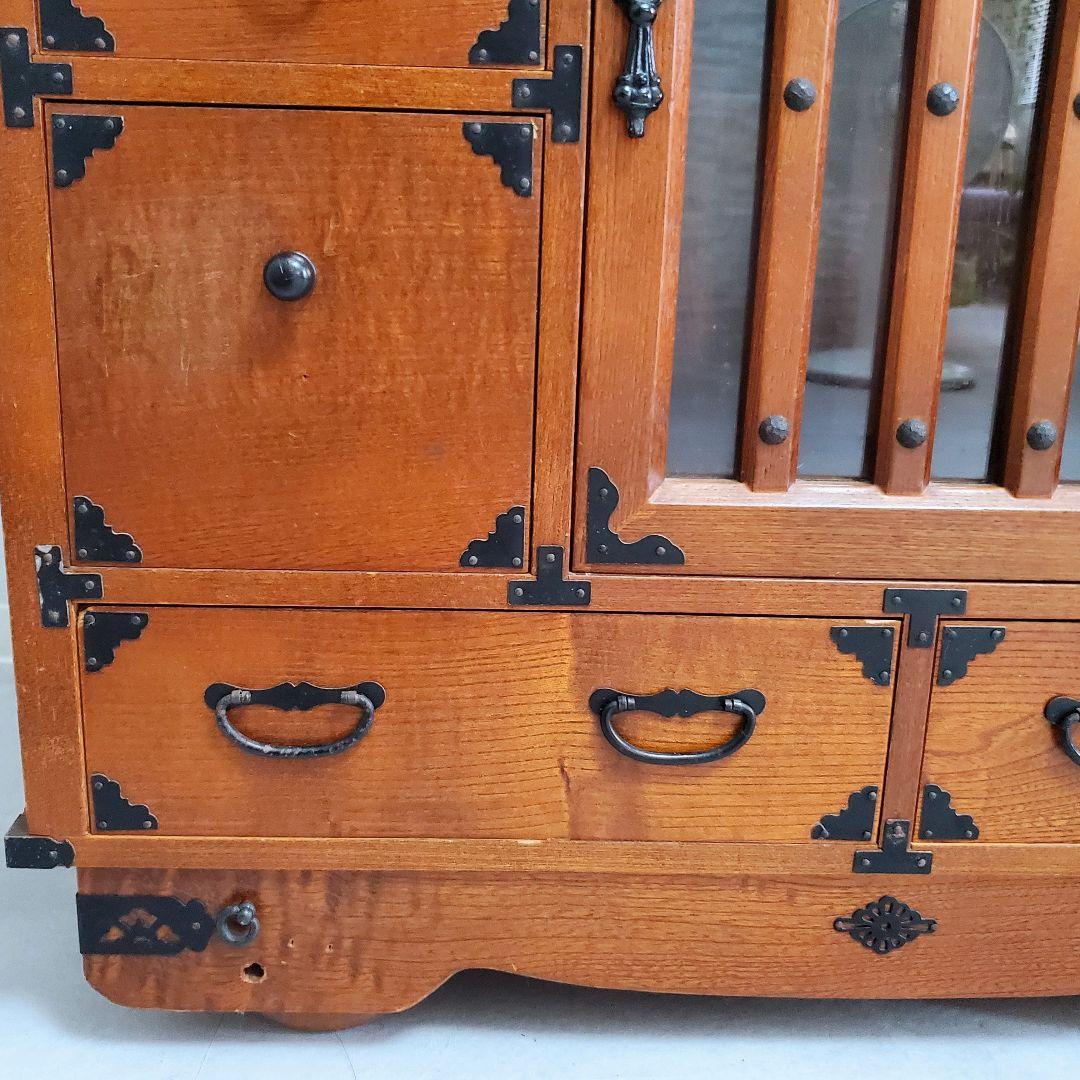 希少★欅 車箪笥 茶棚 茶箪笥 和箪笥 古家具 小引き出し ガラス扉 車輪