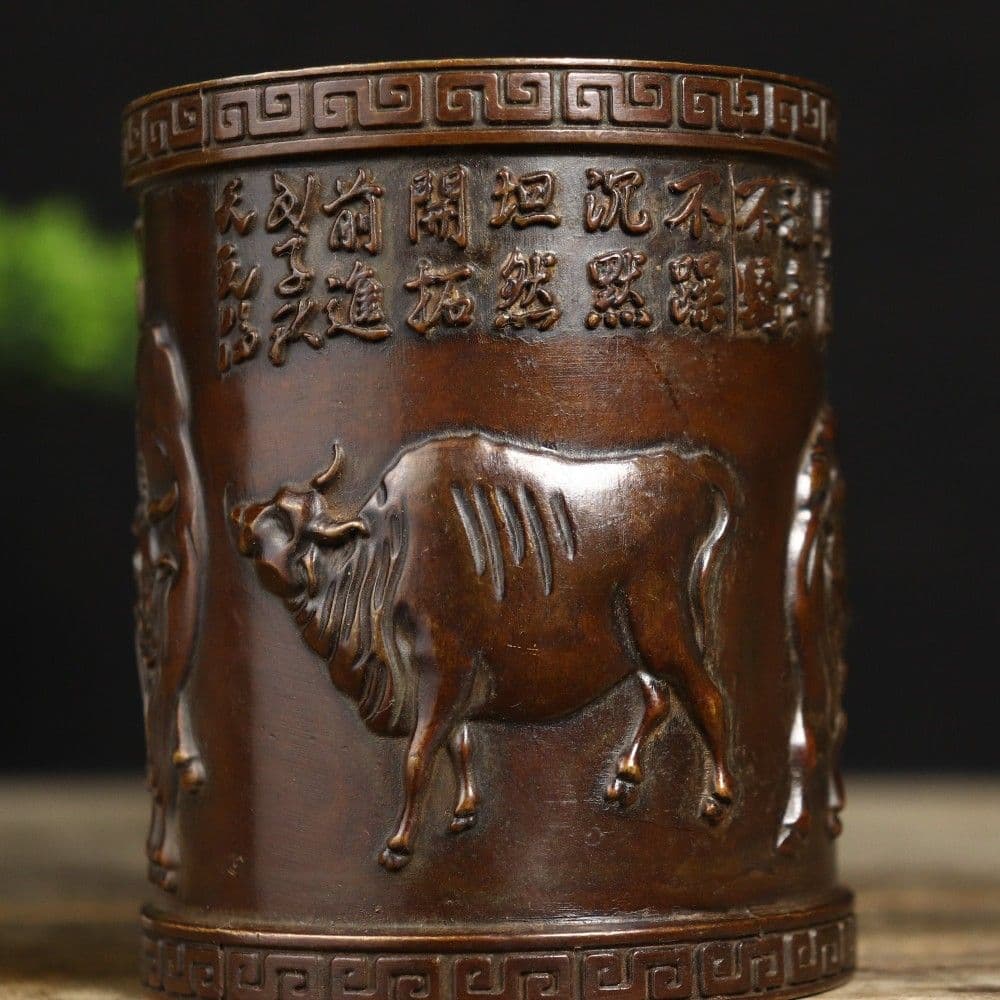 銅製 五牛図文化筆筒 書道具 文房具 筆置 筆入装飾品 工芸品 美術品