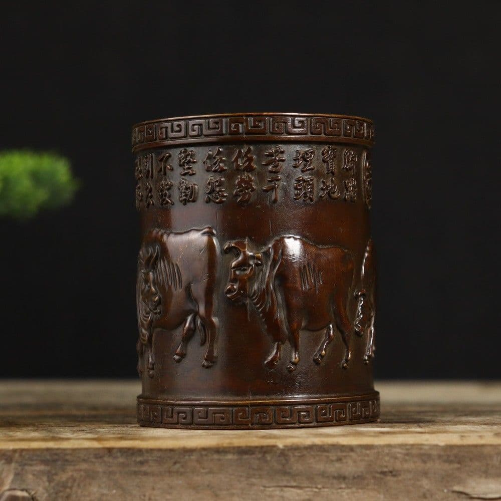 銅製 五牛図文化筆筒 書道具 文房具 筆置 筆入装飾品 工芸品 美術品