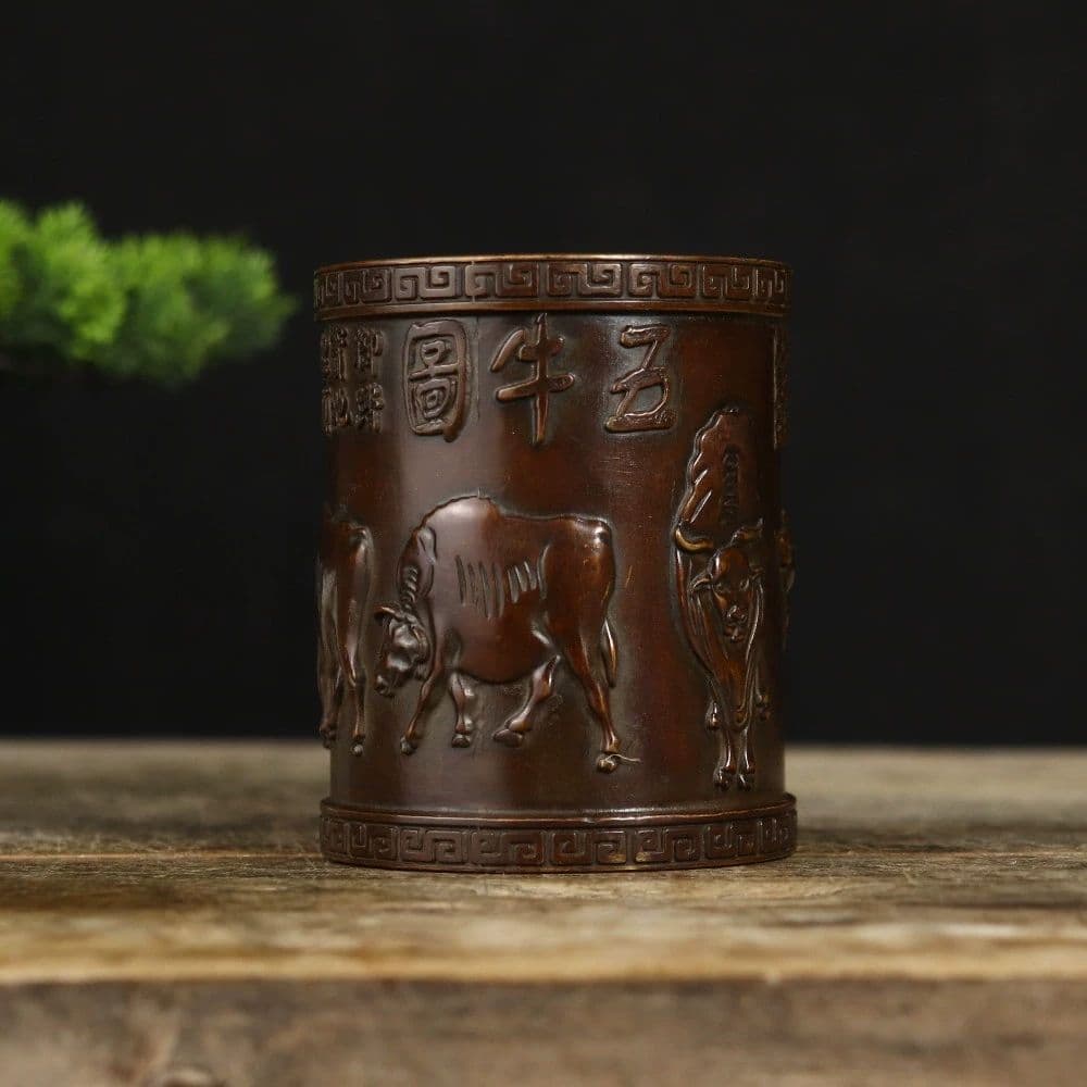 銅製 五牛図文化筆筒 書道具 文房具 筆置 筆入装飾品 工芸品 美術品