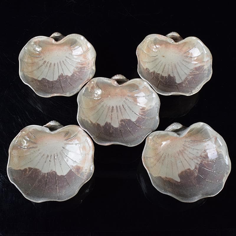 ピノ　和食器萩焼大華山鳥雲窯納富鳥雲作　貝形向付五客共箱　V　R8000B