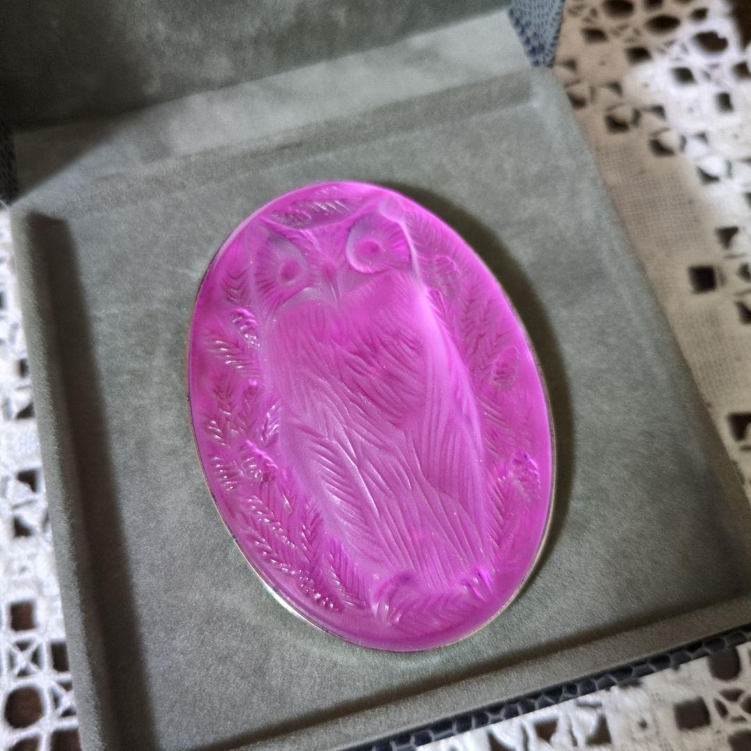 LALIQUEカービング・オウルクリスタルブローチ◎ルネ・ラリック