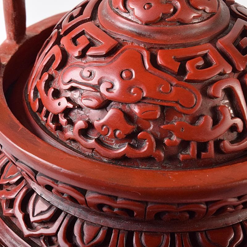 中国　剔紅　堆朱　神獣彫　香炉　唐木台付　D　R8251