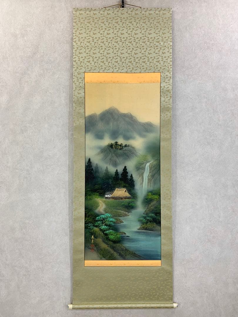 【掛軸】森義兼「四神相応山水図」共箱 太巻 二重箱仕立て