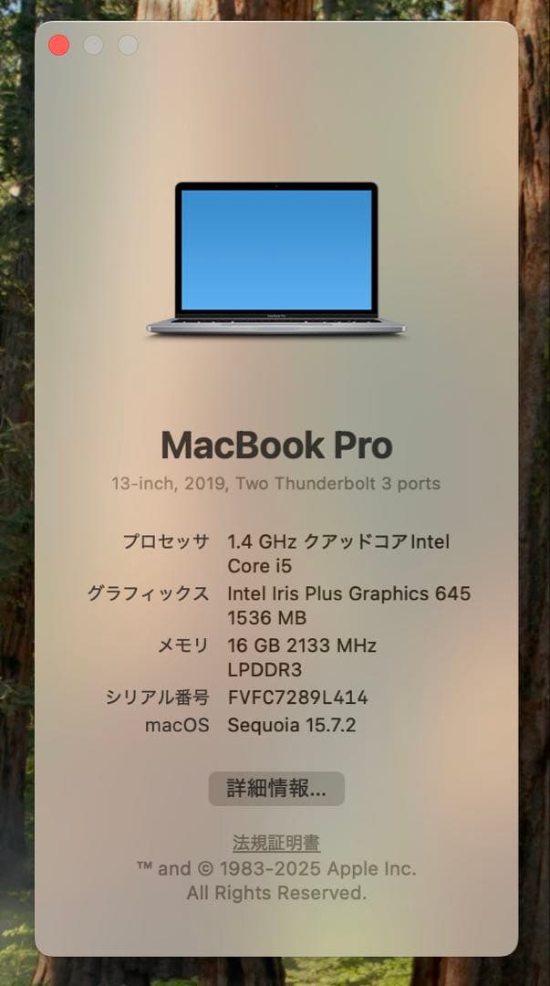 MacBookPro 13インチ(2019)Core i5/16GB/256GB