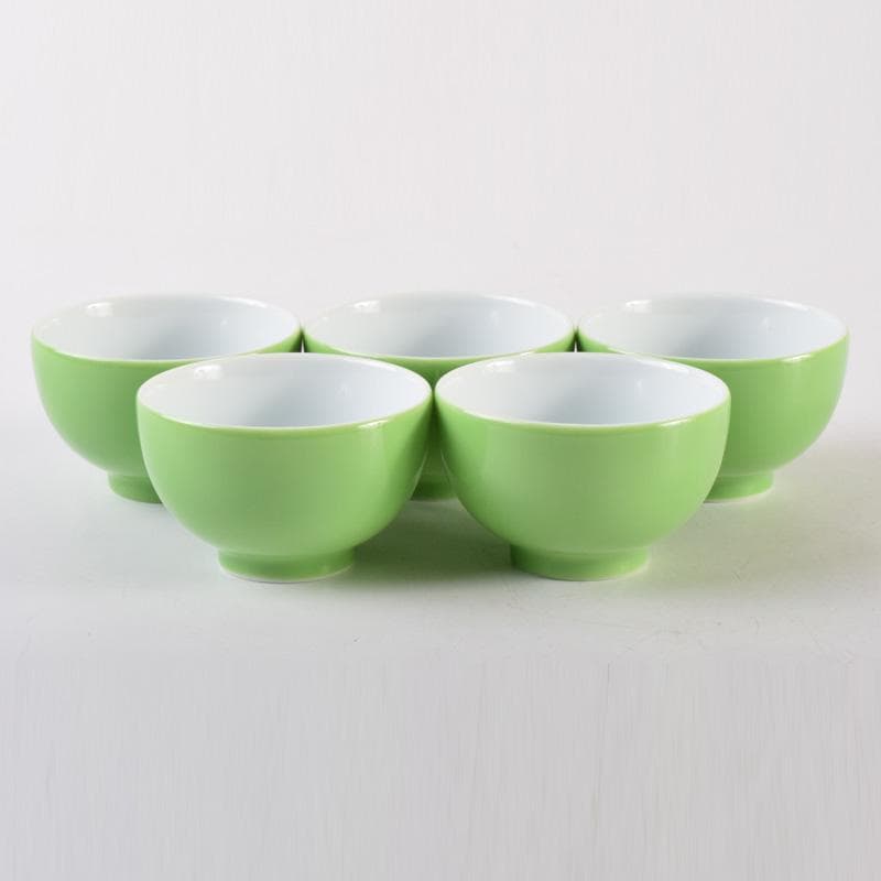 煎茶道具　賣茶流　黄緑釉　祝壽茶碗　五客　共布共箱　V　7978