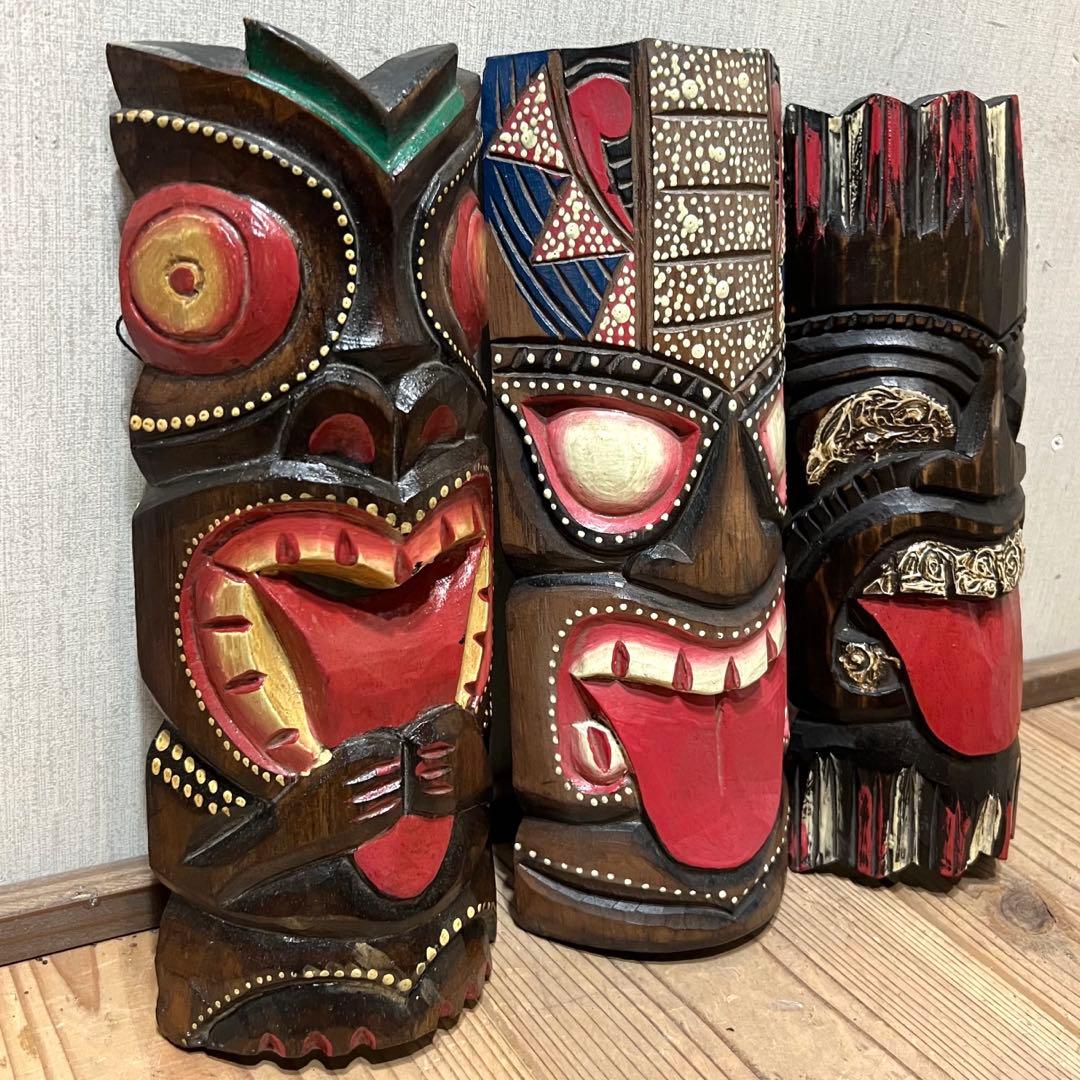 ベロ出しティキ面30 3点セット ティキマスク ハワイ雑貨 木彫りの壁掛けお面