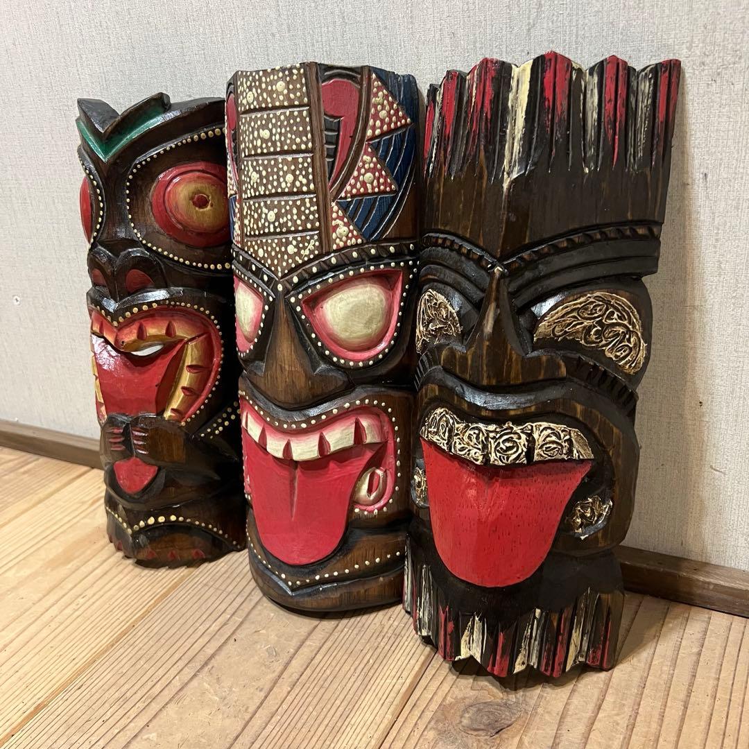 ベロ出しティキ面30 3点セット ティキマスク ハワイ雑貨 木彫りの壁掛けお面