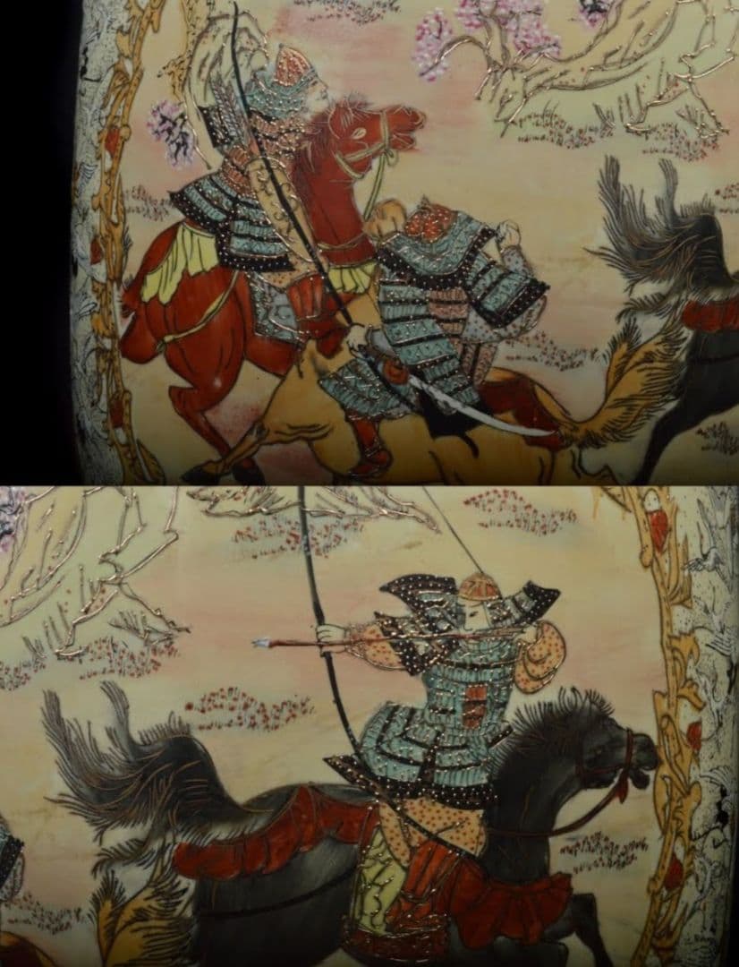 【大型82cm 美品】薩摩豪華絢爛 金襴手武士細密絵付 特大花瓶 飾り壷 大壺