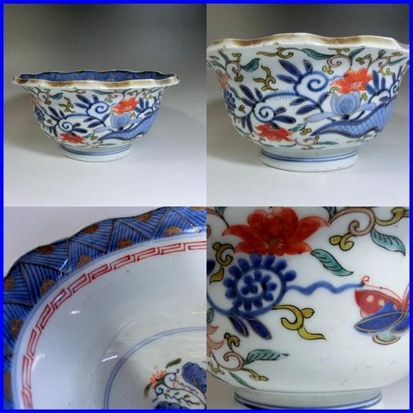鉢■古い花唐草蝶紋 大鉢 菓子器 花弁型 時代物 骨董品(江戸後期～明治期)■