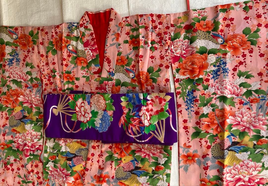 希少鳥柄　アンティーク着物帯　7歳七五三　大正ロマン　錦紗　紅絹　振袖　卒業式