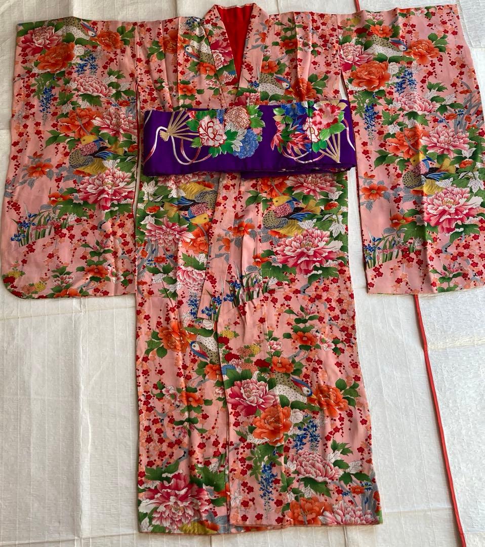 希少鳥柄　アンティーク着物帯　7歳七五三　大正ロマン　錦紗　紅絹　振袖　卒業式