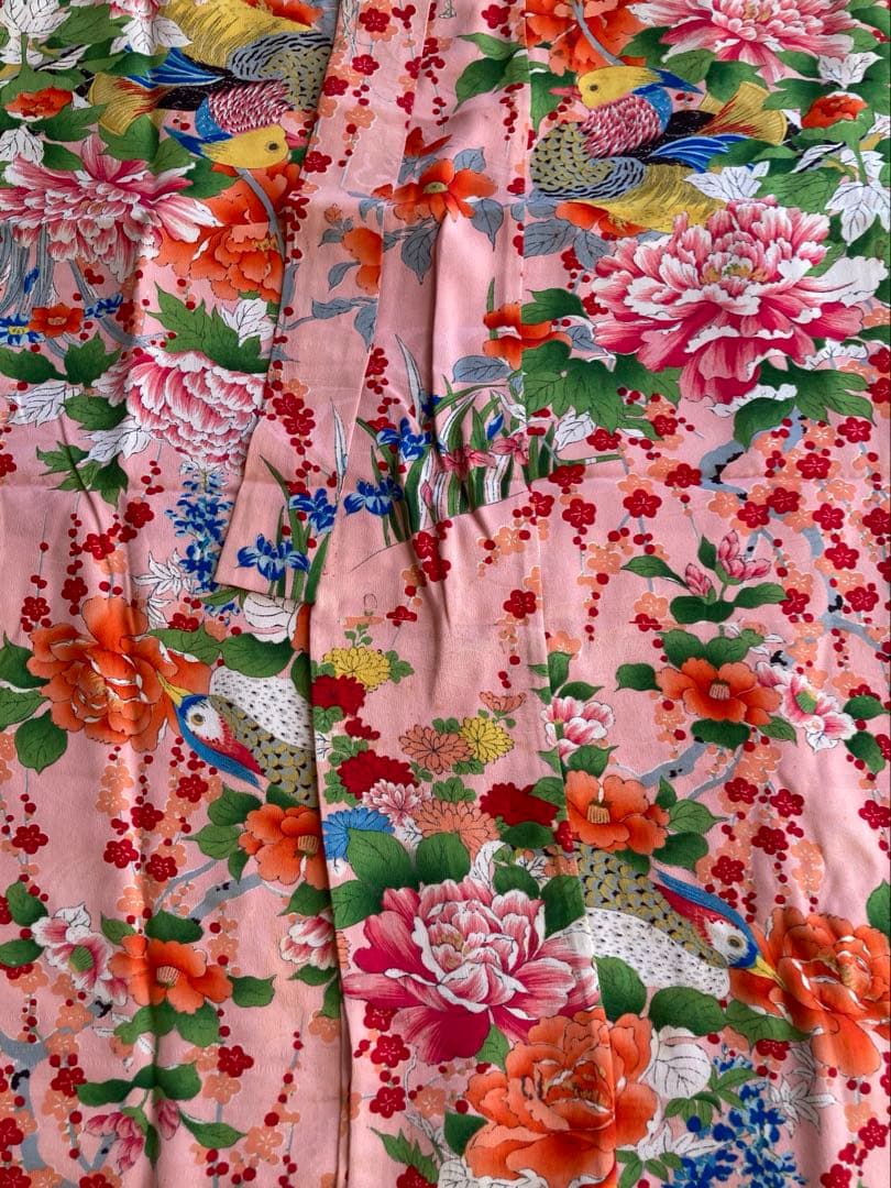 希少鳥柄　アンティーク着物帯　7歳七五三　大正ロマン　錦紗　紅絹　振袖　卒業式