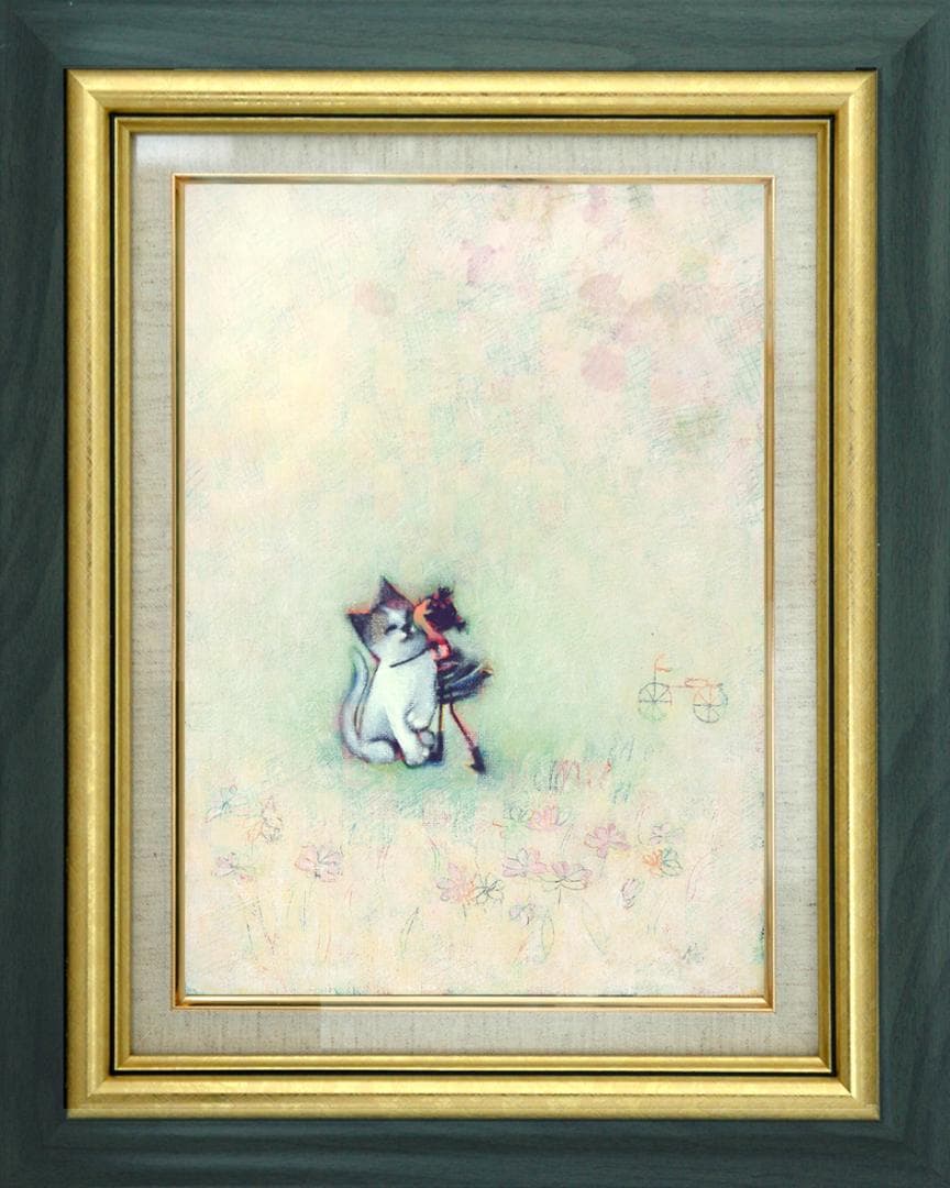 油絵 菅家令子 絵 絵画インテリア 額付(黒) F3-051621 子猫と女の子