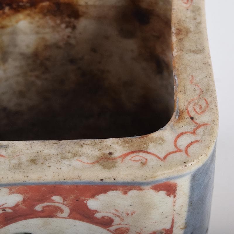 九谷焼　古九谷　1650年代　赤絵　花草文　四方香炉　鑑定書箱書　M　R8915