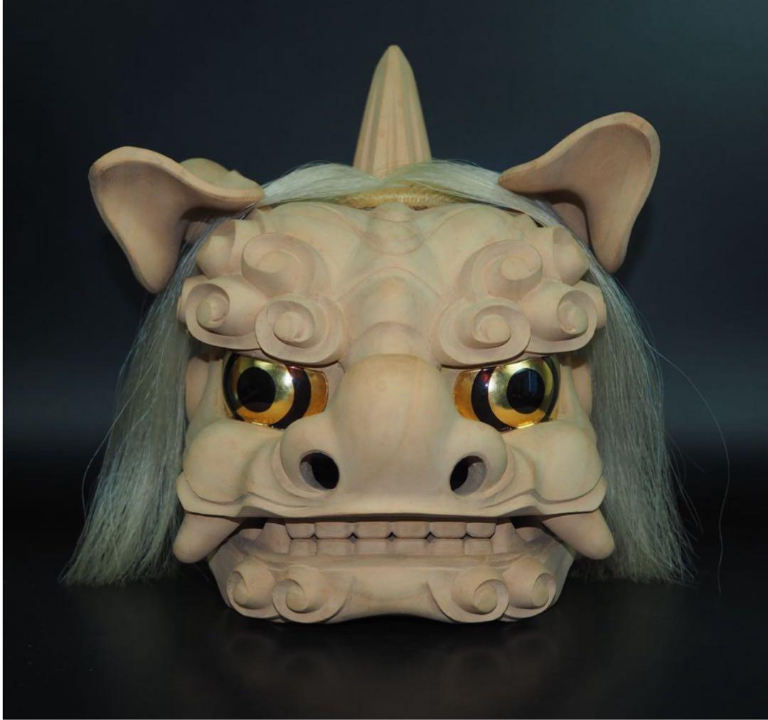 送料無料　富山県無形文化財　横山一夢作　木彫獅子頭　共箱共布作歴付　日展彫刻家