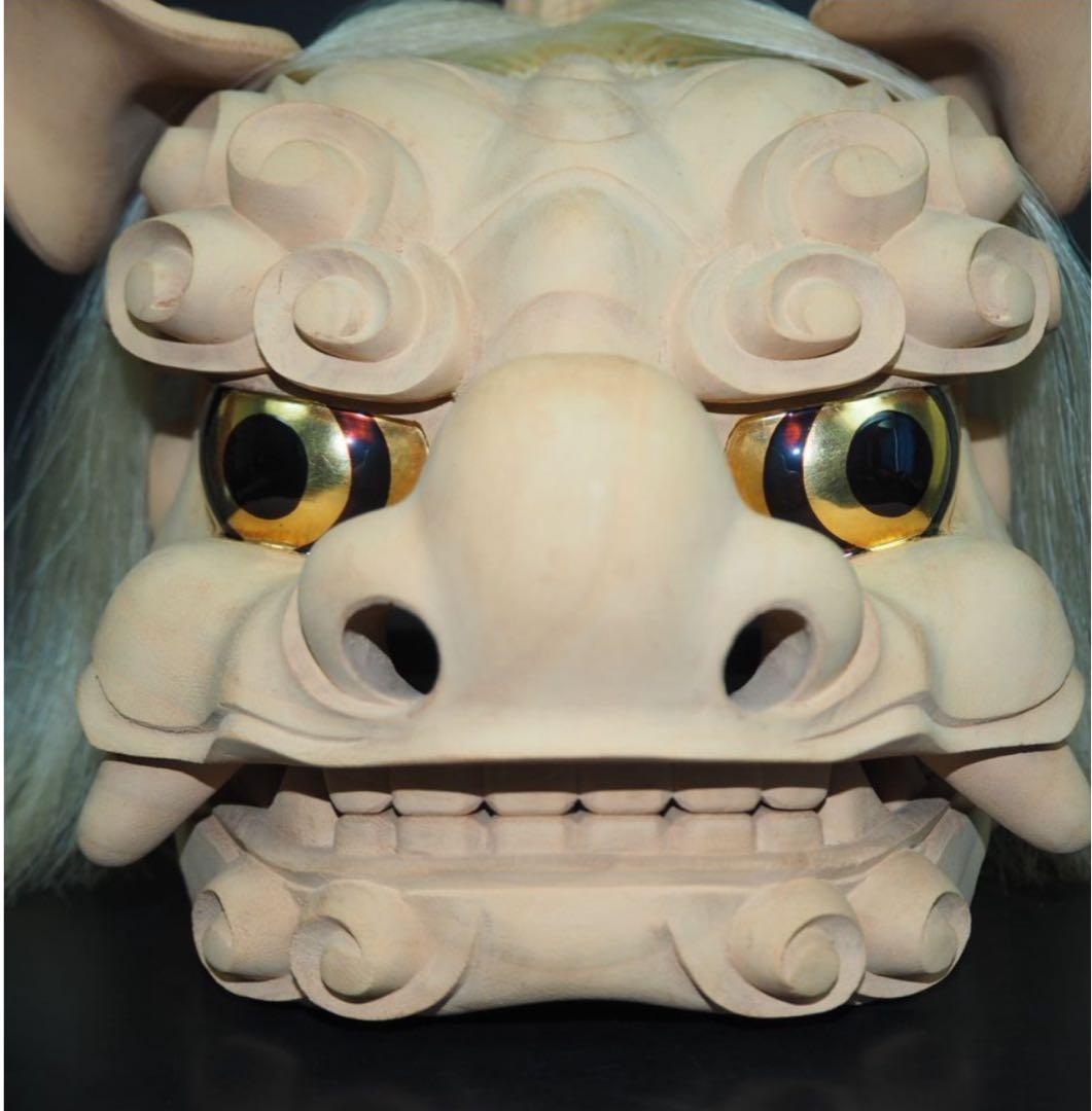 送料無料　富山県無形文化財　横山一夢作　木彫獅子頭　共箱共布作歴付　日展彫刻家