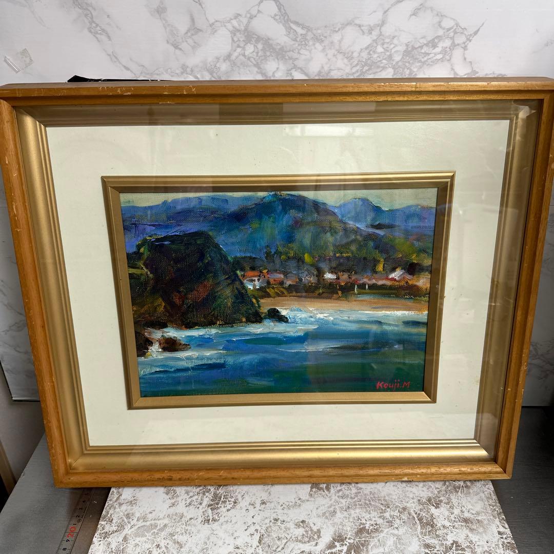 真作、三村浩二、先生。肉筆、油絵、額装。　山陰夏泊まり。