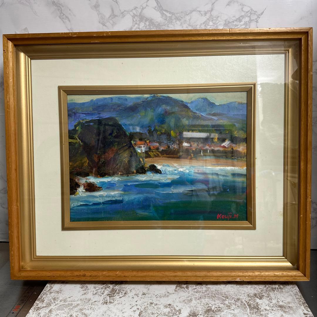 真作、三村浩二、先生。肉筆、油絵、額装。　山陰夏泊まり。