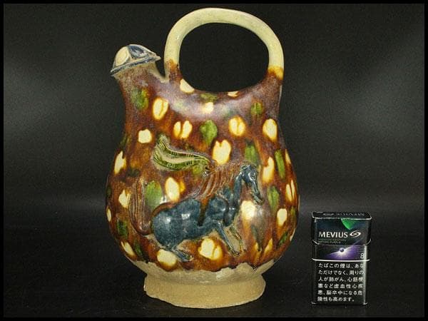 中国美術 唐三彩 貼馬紋 注瓶 壷 高29cm 希少(LC241)